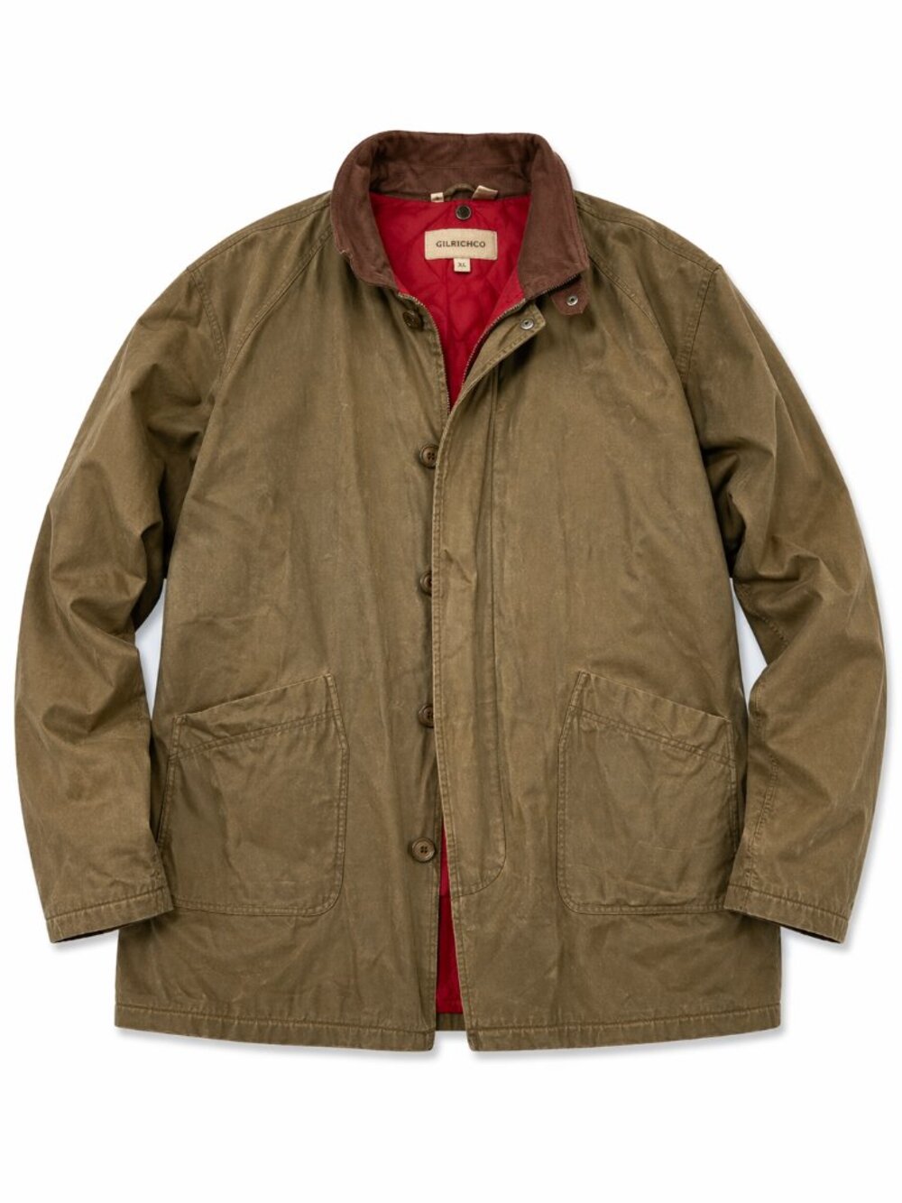 GILRICHCO Mens Waxed Canvas Barn Jacket Olive Brown Quilted Red Lining XL - XXL